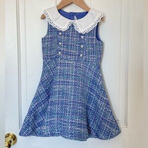 Janie and Jack Blue Tweed Girls Dress with White Collar- size 5